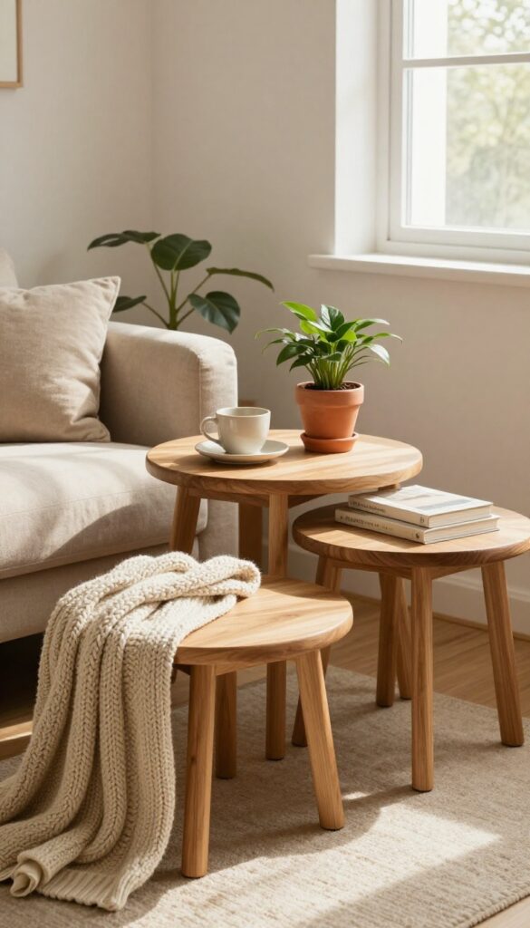 Nesting tables in warm wood tones beside a cozy sofa in a small living room