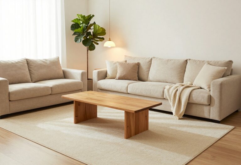 Cozy sunken living room with low furniture, rug, and warm lighting