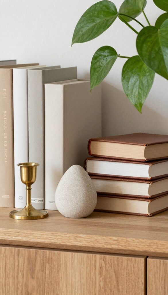 Close-up of a styled bookshelf with books pushed forward and decorative objects layered in front, including a brass candlestick, stone sculpture, and leather coasters, with a trailing pothos plant on top.
