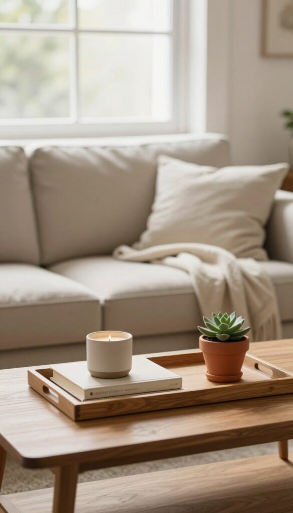 Warm cozy living room with styled coffee table featuring wooden tray, books, candle, and succulent in natural light