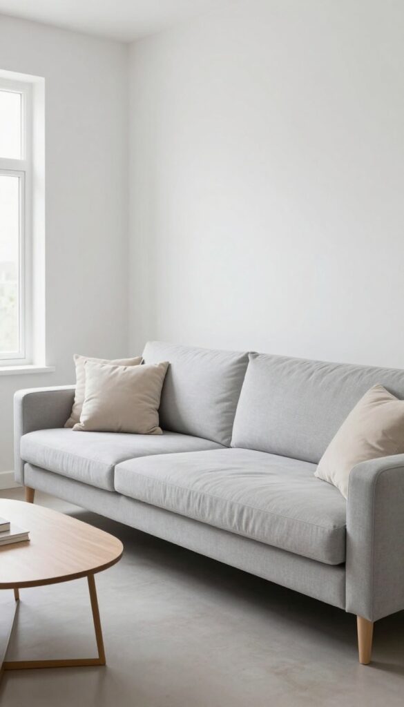 Small living room with a light gray L-shaped sectional with chaise and hidden storage under the chaise.