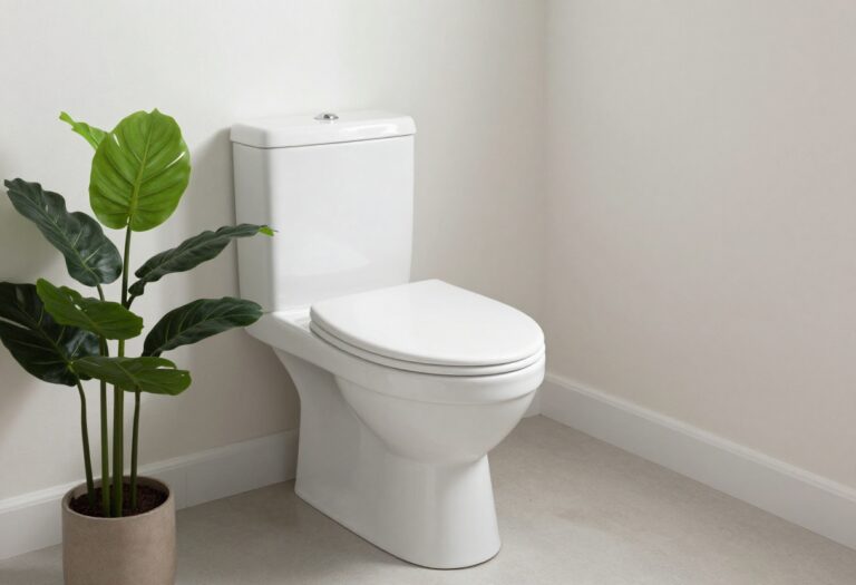 Clean white toilet bowl in a bright bathroom with a plant