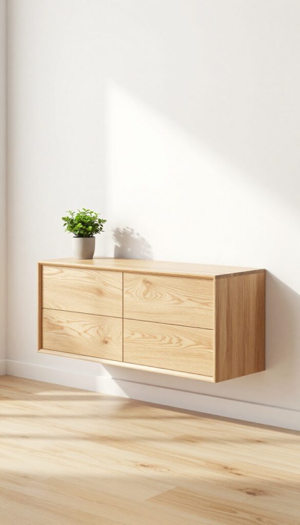 Floating drawer unit under TV in small living room with clean floor space and natural light