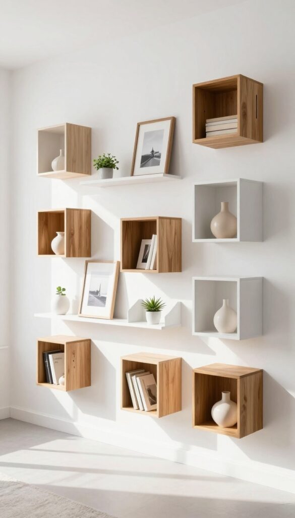 A gallery wall with floating Eket cubes in a staggered pattern, some with doors, some open, displaying plants, photos, and books in a modern living room.