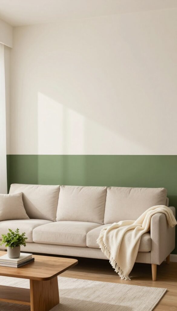 Living room with two-tone horizontal split wall, olive green lower half and off-white upper half, with sofa and natural light.