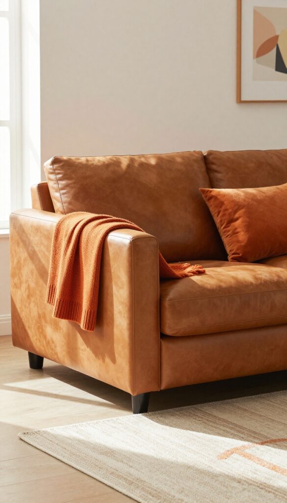 Two brown leather accent chairs with an orange throw in a bright, cozy living room