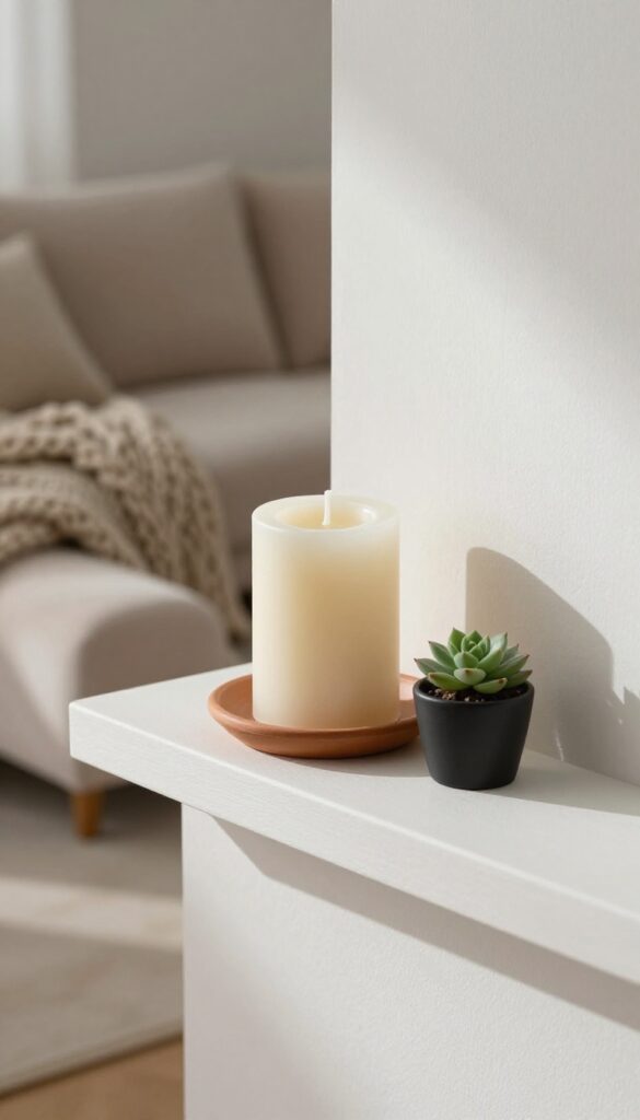 A single cream candle and small succulent on a narrow white wall shelf in a cozy living room