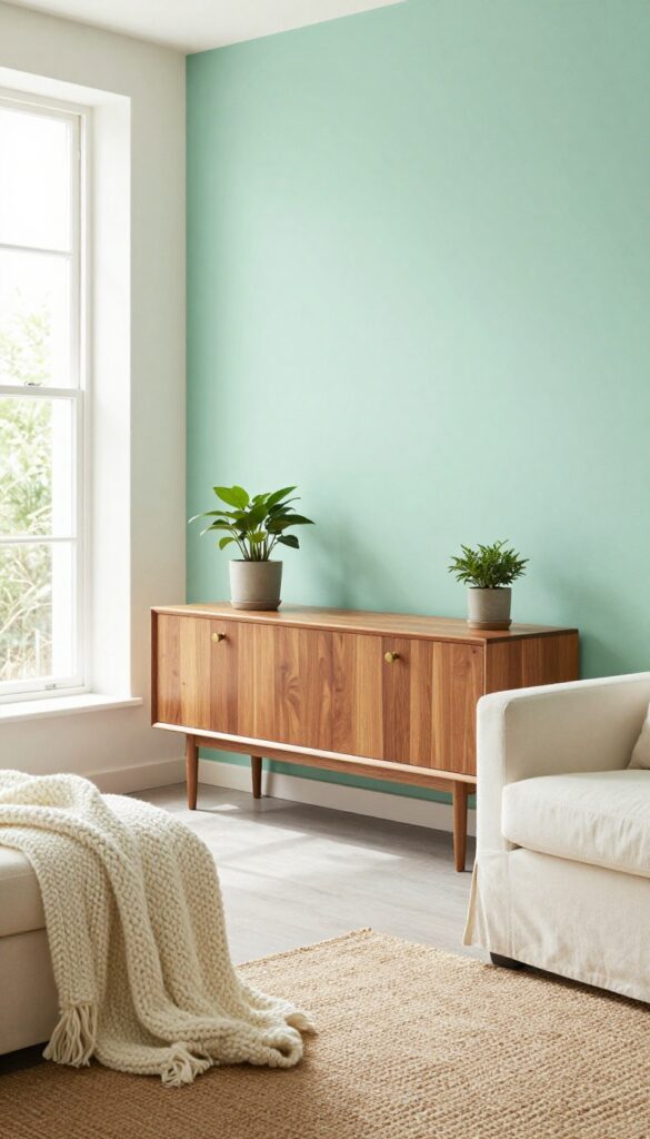 Bright living room with mint green accent wall, warm wood furniture, brass accents, and natural light.