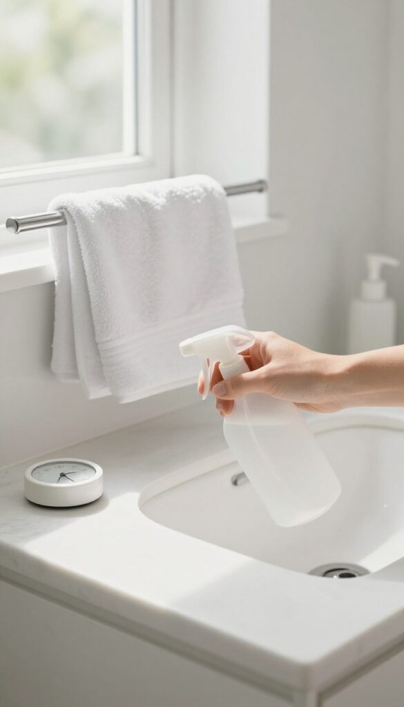 A person wiping a bathroom countertop with a spray bottle, with a timer nearby, representing a 10-minute daily tidy routine.
