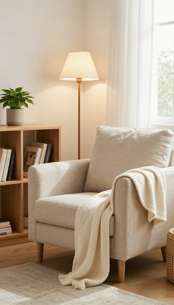 Cozy reading nook with armchair, bookshelf, and warm lighting in a modern living room