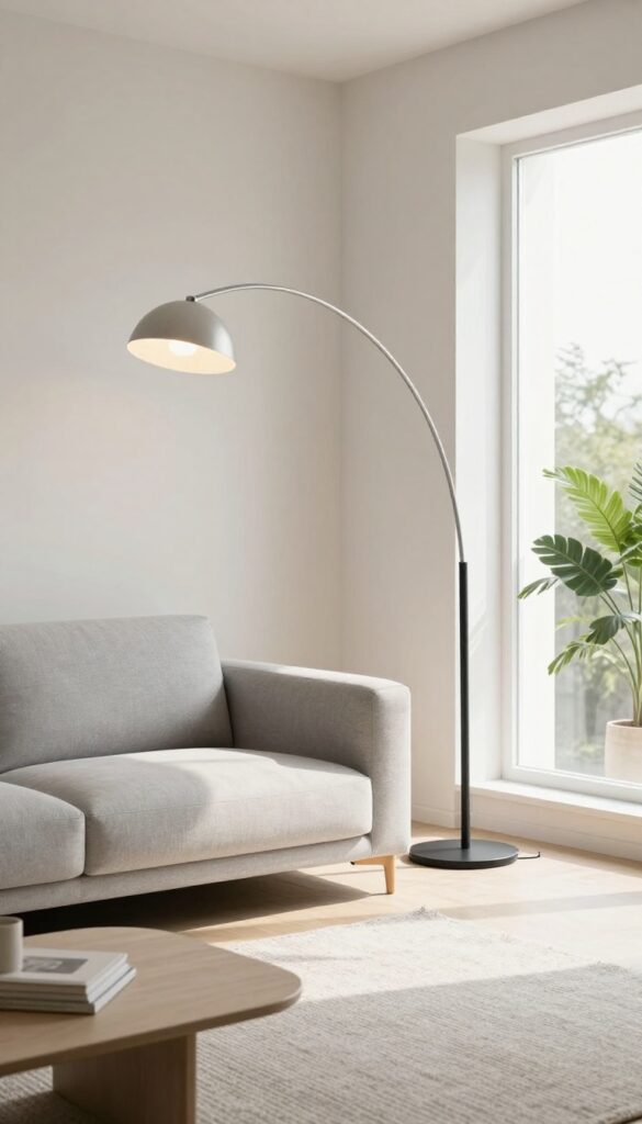Slim arc floor lamp reaching over a sofa in a bright, minimalist living room