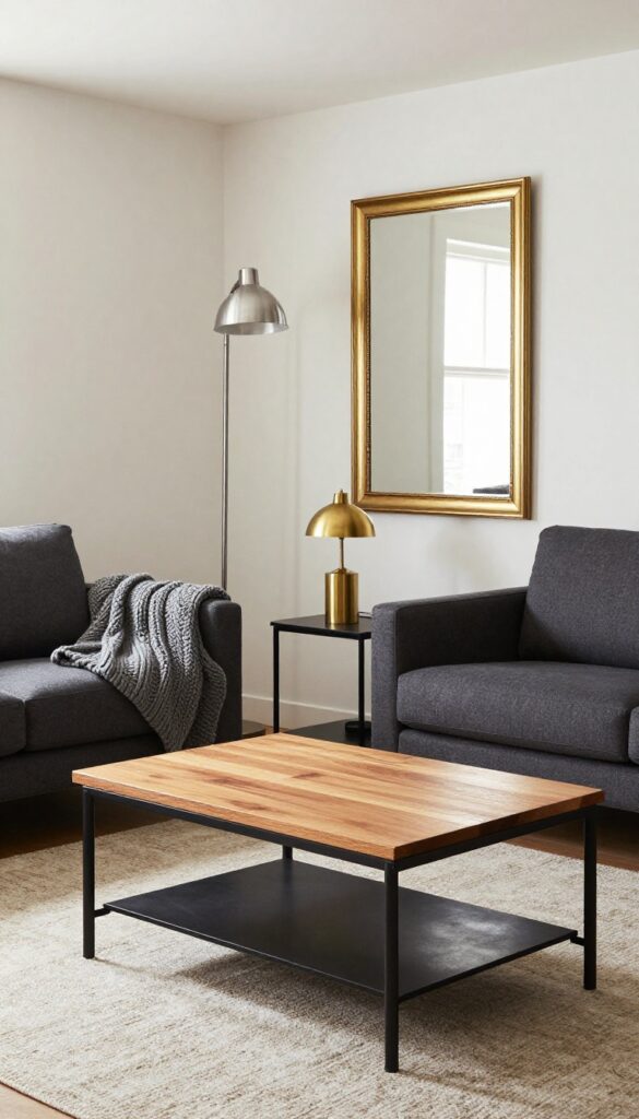 Cozy living room with mixed metals: black iron coffee table, brass lamp, brushed nickel floor lamp, and soft textiles.