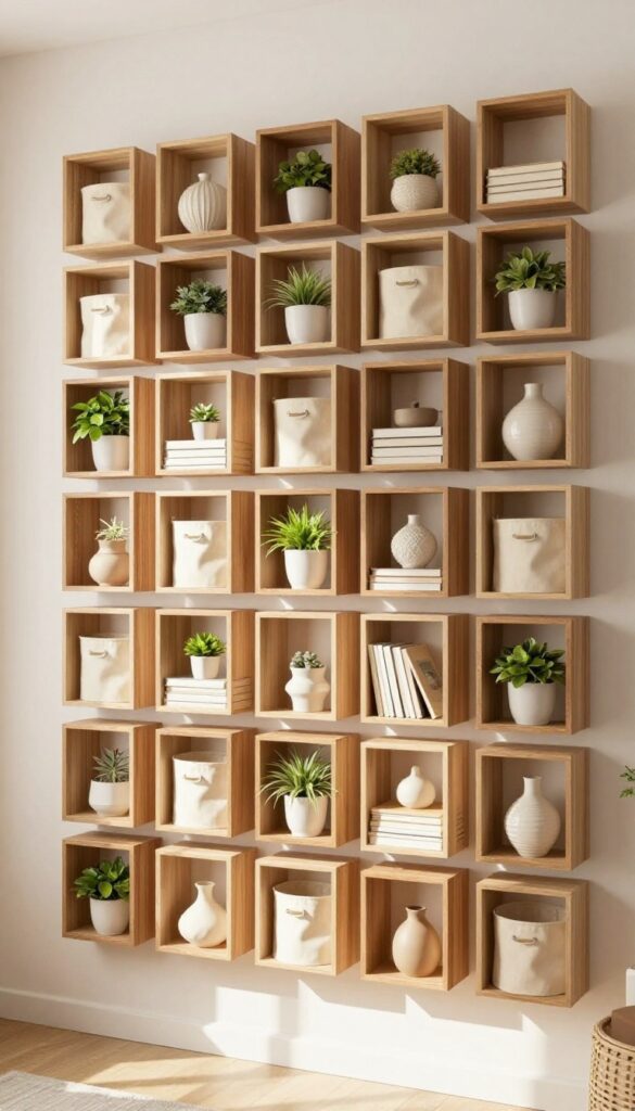 Wall-mounted cube shelves in a cozy living room with plants, books, and fabric bins for storage
