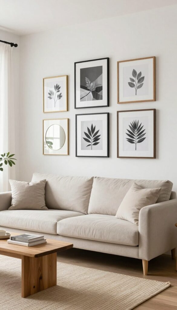Gallery wall above a beige sofa in a bright living room