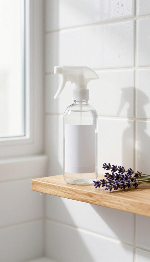 A spray bottle with essential oils on a shelf in a clean, bright shower with tile walls and lavender sprigs.