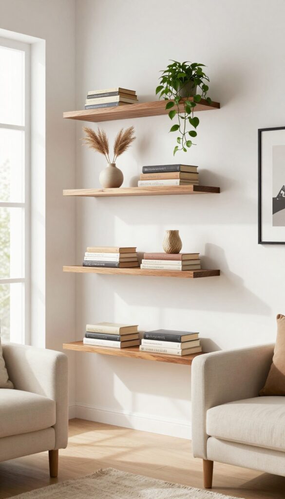 Floating shelves with books, pothos plant, and ceramic vase in a small cozy living room with natural light
