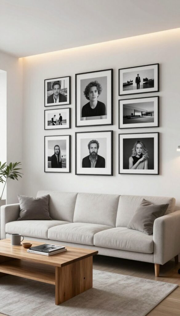 Modern living room gallery wall with built-in lighting, black frames, and warm LED picture lights on a white wall.