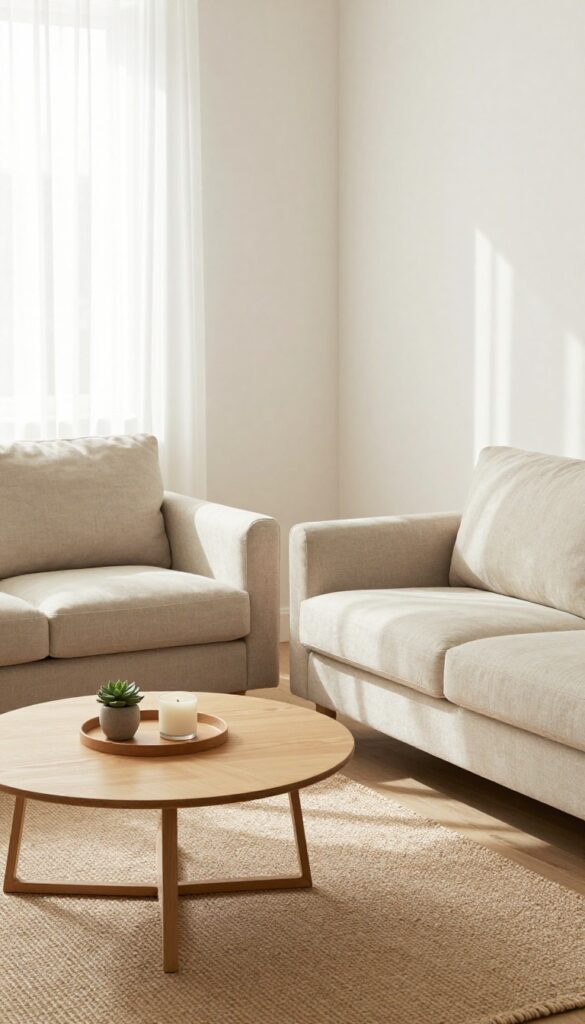 Small living room with two light beige sofas and a low round oak coffee table with a tray, candle, and succulent, bright natural light, airy feel.