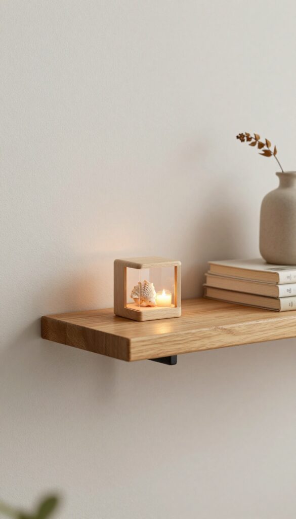 A floating shelf with a shadow box containing a seashell, books, a ceramic vase, and a small candle in natural light