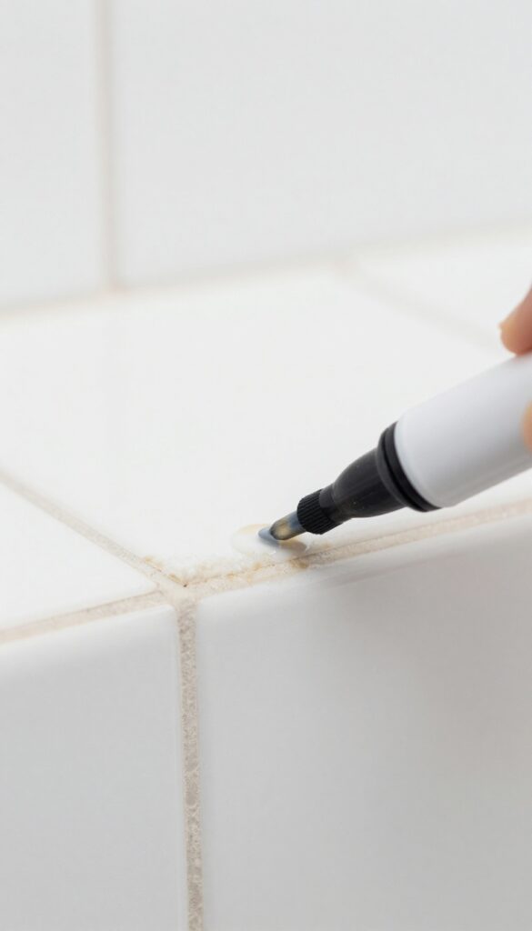 Applying a gel bleach pen to stained bathroom grout lines for spot treatment