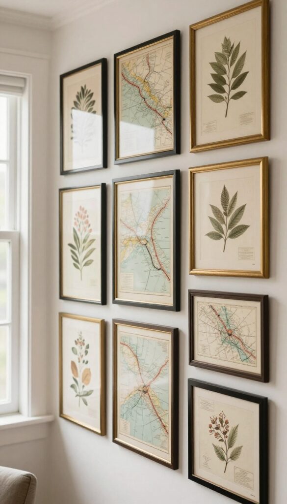 A wall collage of vintage maps and botanical prints in mixed frames, creating a curated, budget-friendly living room feature.