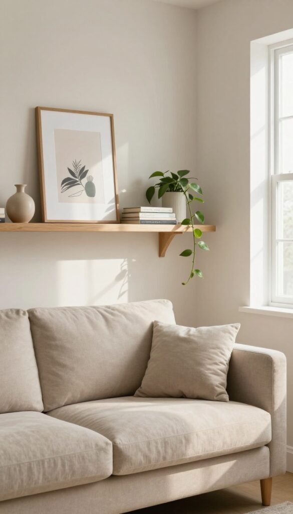 Floating shelf above a sofa in a cozy small living room with plants and decor
