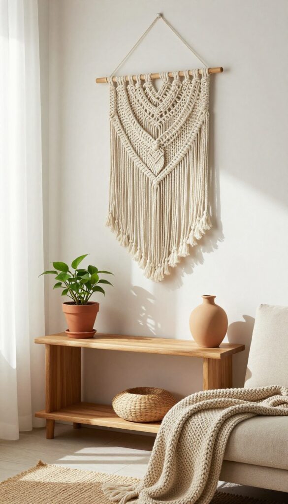 Warm boho living room with large macrame wall art above console table, natural cotton fringe, trailing pothos, and cozy textures.