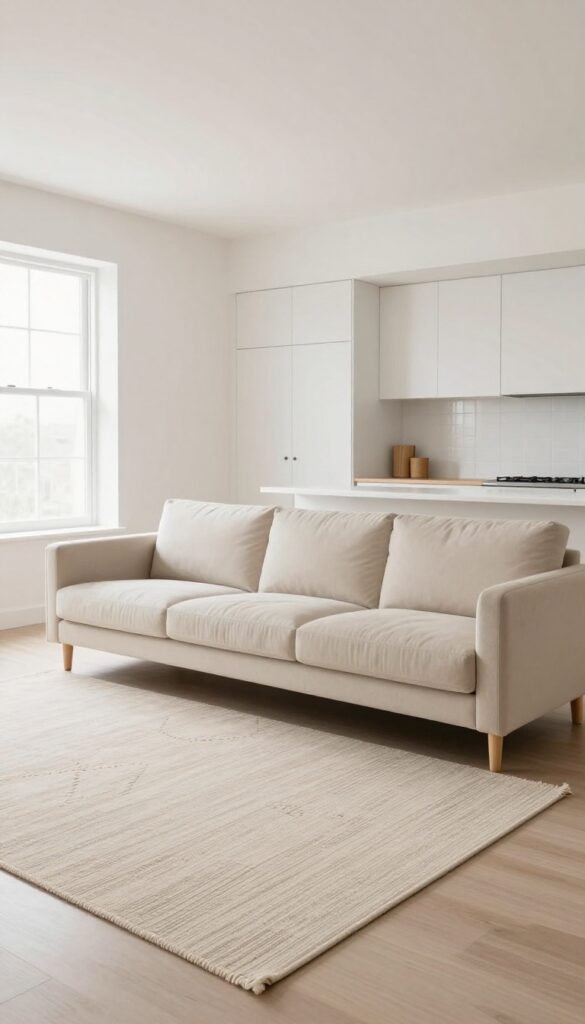 Open-concept living room and kitchen with a large rug defining the living area under a sofa