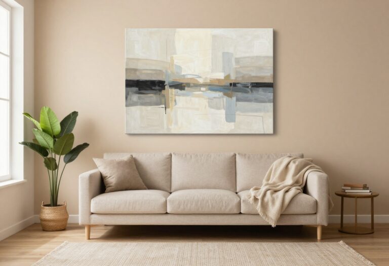 Cozy living room with a large abstract canvas leaning against the wall, layered textiles, and natural light.