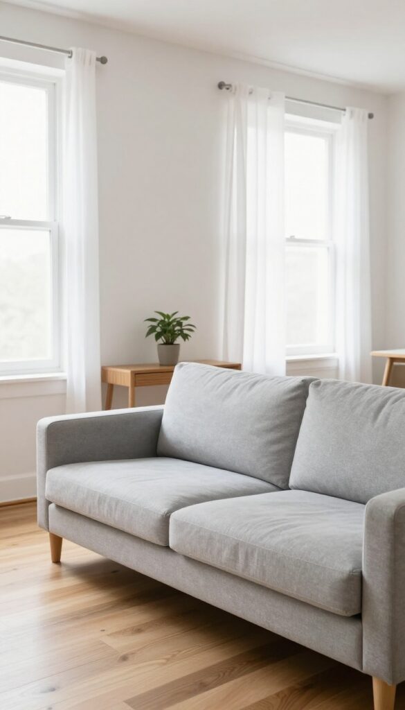 Narrow living room with sofa floated away from wall, creating a small gap that makes the walkway feel wider