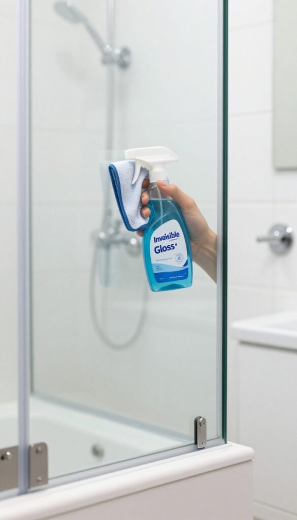 Clean glass shower door with microfiber cloth and glass cleaner spray bottle