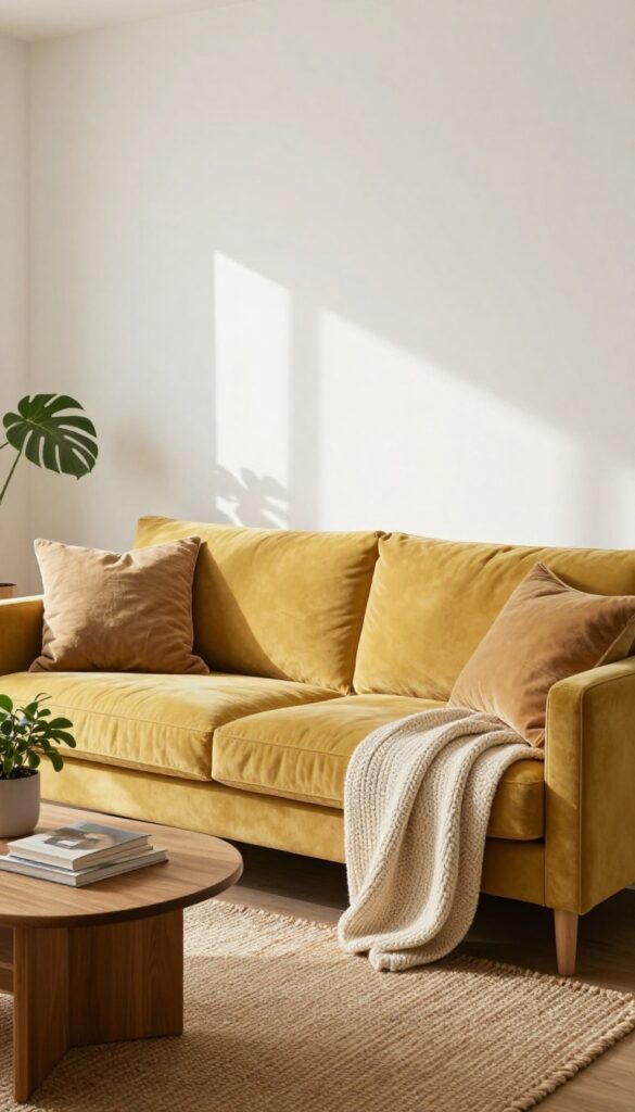 A cozy living room with a mustard yellow sofa as the centerpiece, surrounded by neutral textures and natural light.