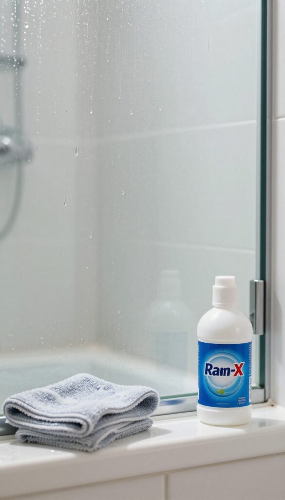 Clear glass shower door with water beading off after Rain-X coating
