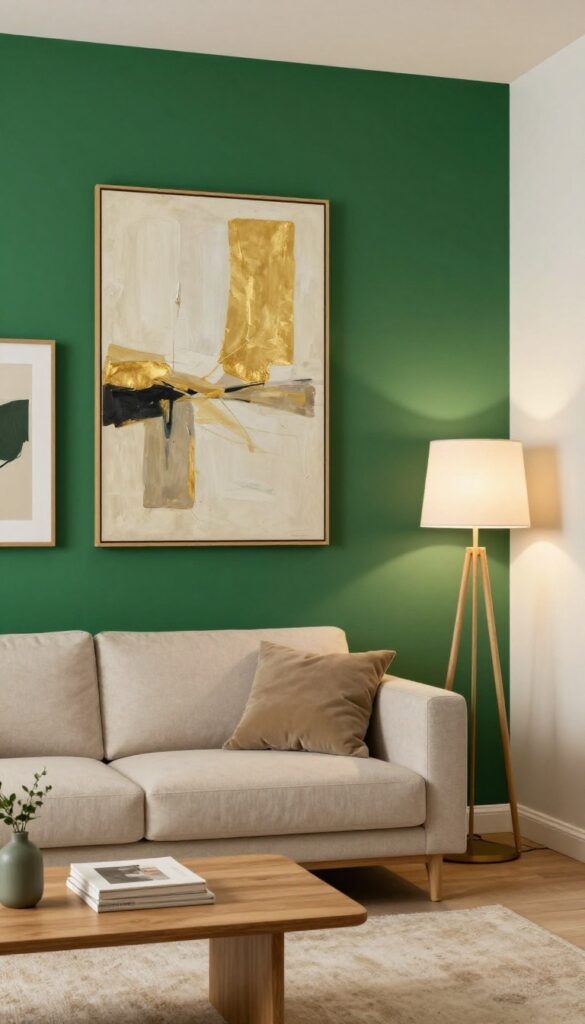 Living room with bold green accent wall behind sofa, decorated with abstract art and warm lighting.