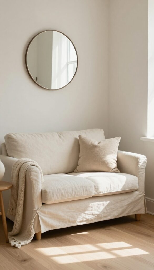 Cozy living room corner with a small cream loveseat, throw pillows, blanket, round mirror, and side table in natural light.