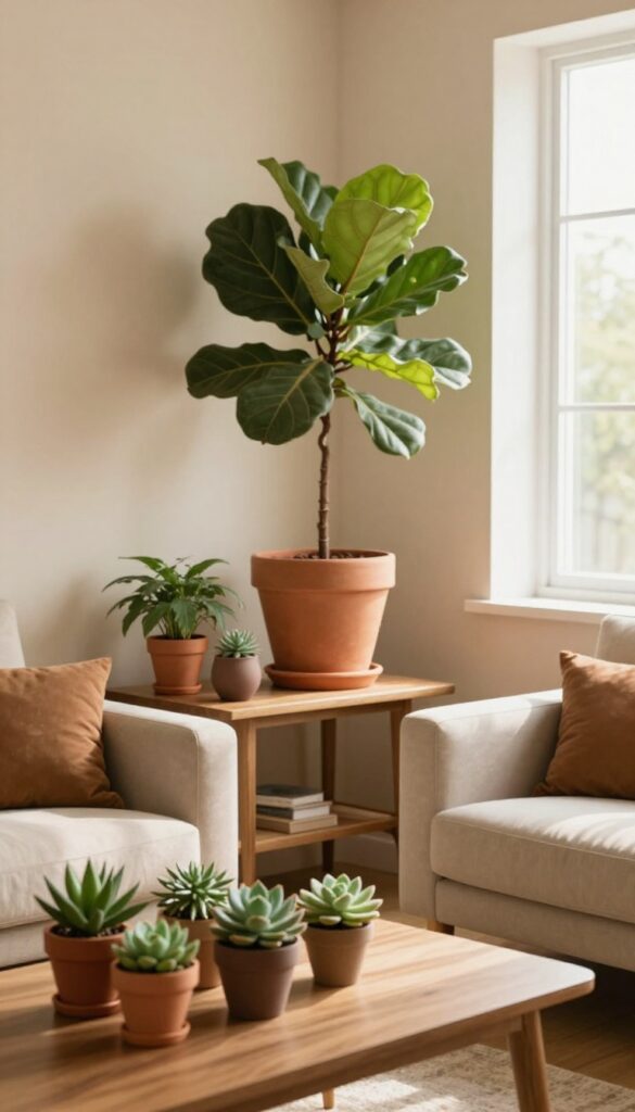 Plants in terra-cotta and brown ceramic pots on a console table and coffee table in a beige and brown living room