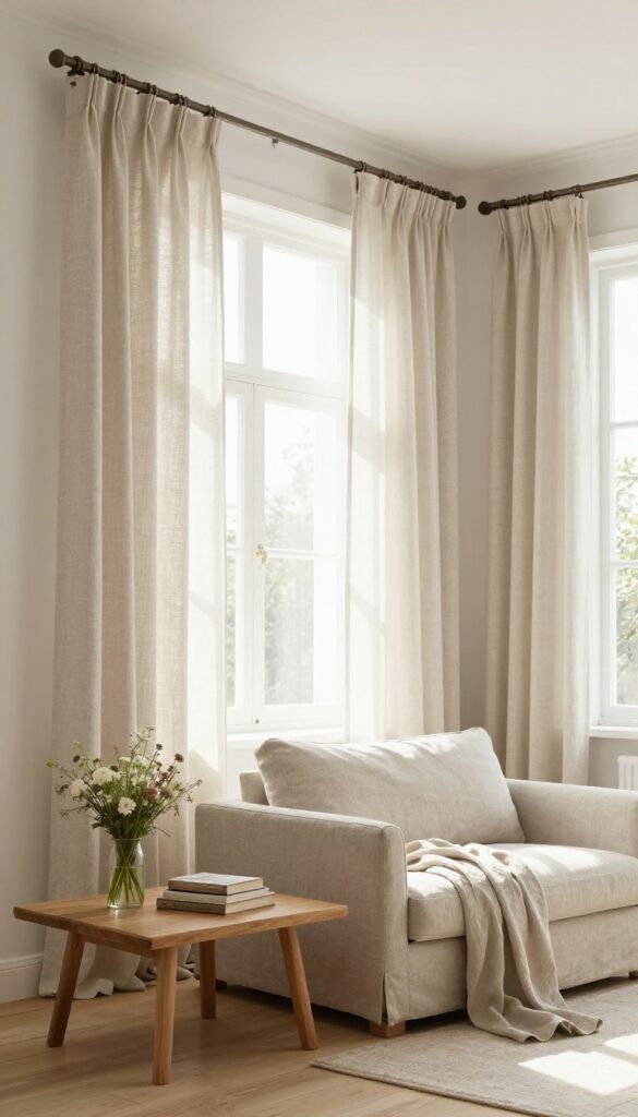 Cottage living room with light linen curtains letting in soft natural light, cozy sofa and wooden coffee table