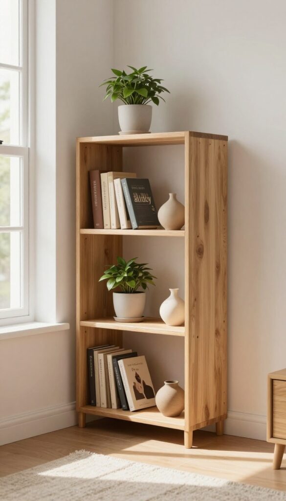 Tiny living room corner with a tall narrow open shelf unit displaying books, a plant, and a vase