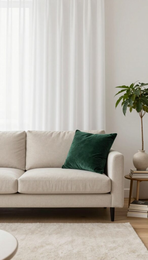 A neutral sofa paired with a deep emerald green velvet accent chair at an angle, creating an intimate conversation area in a bright living room.