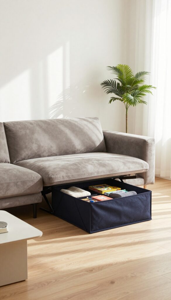 Modular sofa with hidden compartments open showing storage, in a bright living room