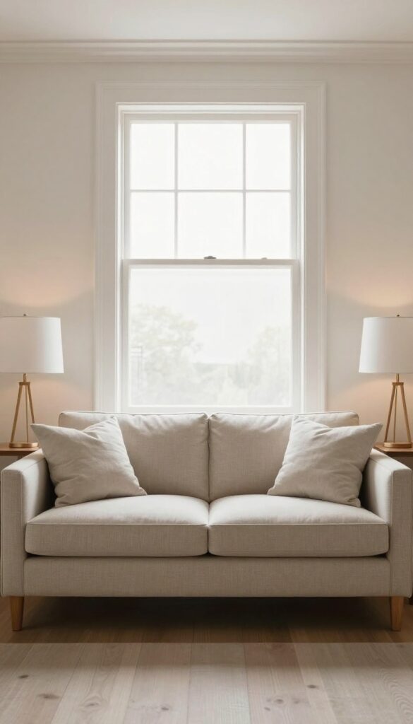 Symmetrical living room layout with matching end tables and lamps flanking a neutral sofa, creating a formal and polished feel.