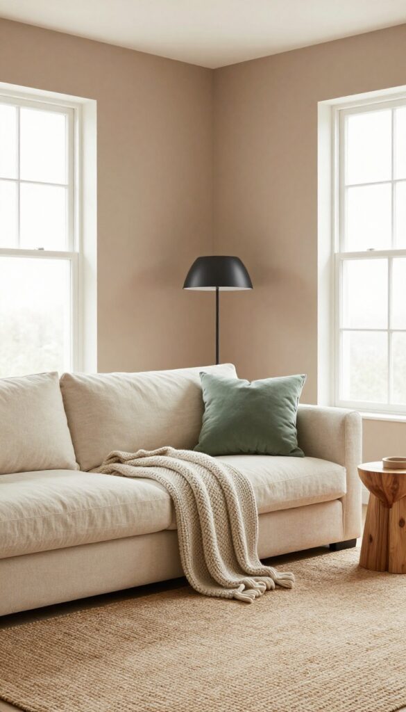 Bright living room with warm taupe accent wall, cream sofa, jute rug, and natural light