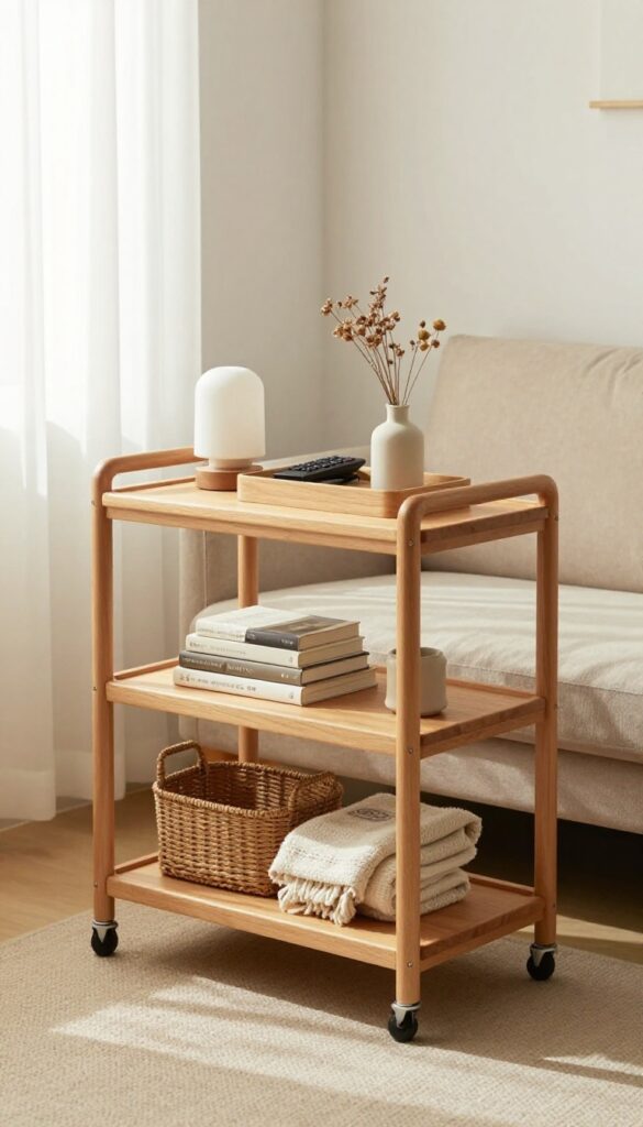 A slim wooden rolling cart used as a mobile side table in a cozy small living room, with a lamp and decor on top and books and a basket below.