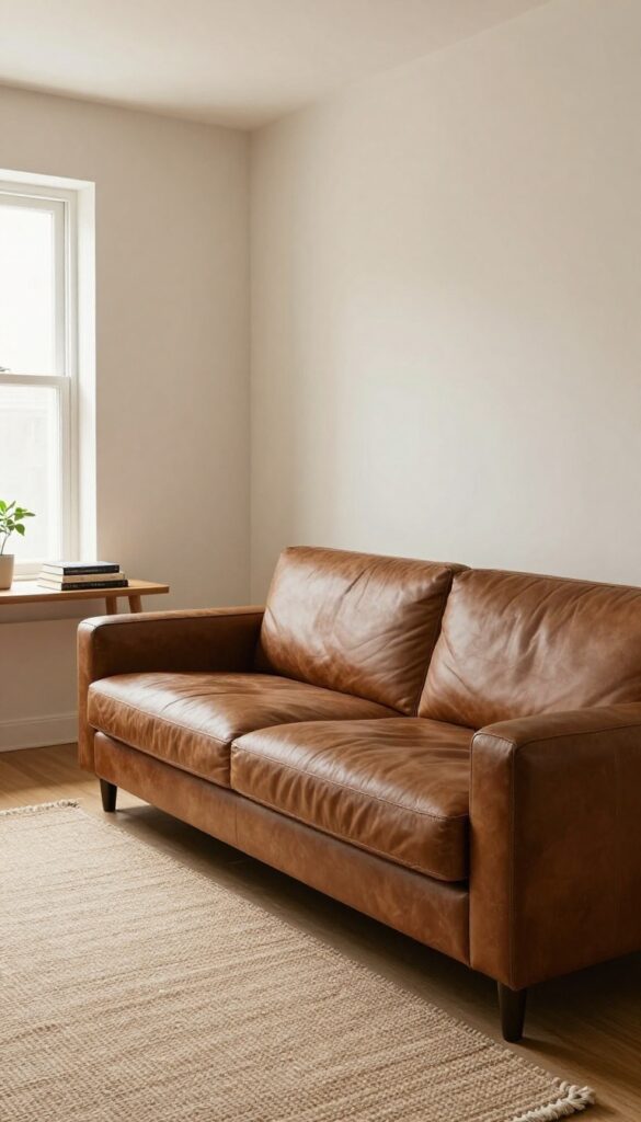 Small living room with brown couch floating away from wall, slim console table behind, natural light, airy layout