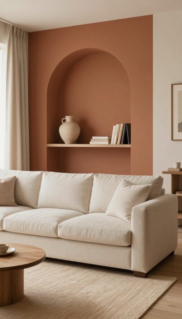 Living room with a terracotta color-blocked arch on a blank wall behind a sofa, with a floating shelf inside the arch.