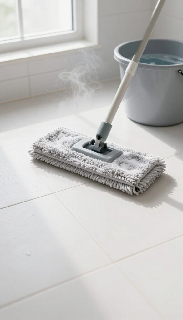 A clean bathroom tile floor being mopped with a microfiber mop and bucket of soapy water in natural light.