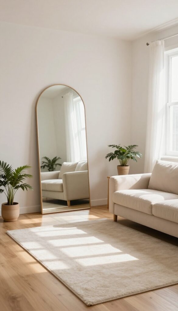 A light-filled living room with a large arched mirror reflecting sunlight, creating a bright and airy atmosphere.