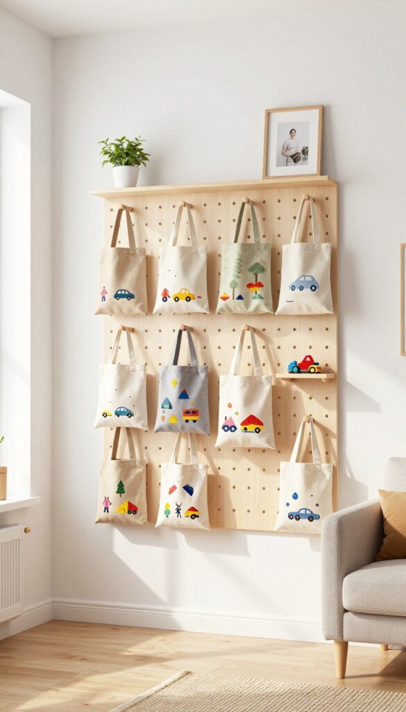 Wall-mounted wooden pegboard with hanging canvas bags storing toys in a bright living room, Scandinavian decor, natural light.