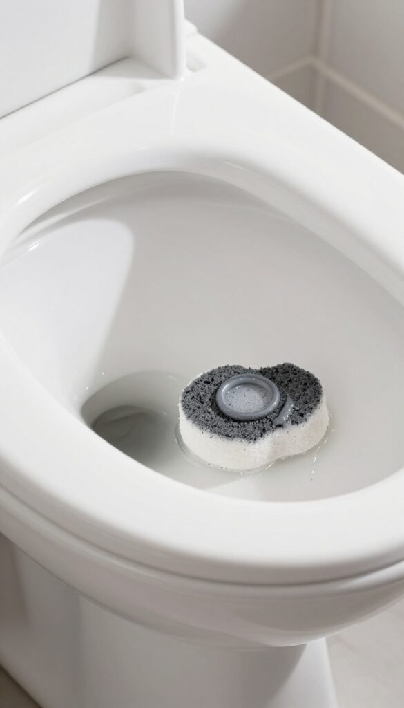Hand using a wet pumice stone to remove a hard water ring from a toilet bowl