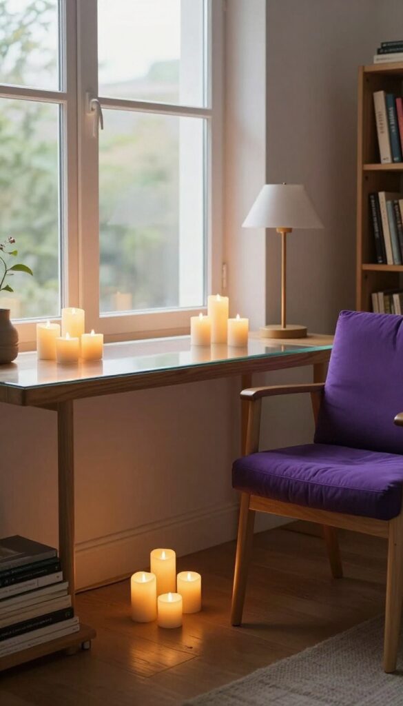 Cozy living room corner with an enchantment table-inspired desk featuring a glass top, floating candles, and a purple chair.